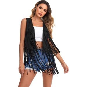 imageVerdusa Womens Tassel Sleeveless Vest 70s Hippie Faux Suede Fringe Jacket CardiganBlack