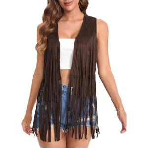 imageVerdusa Womens Tassel Sleeveless Vest 70s Hippie Faux Suede Fringe Jacket CardiganChocolate Brown