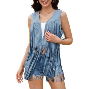 imageVerdusa Womens Tassel Sleeveless Vest 70s Hippie Faux Suede Fringe Jacket CardiganLight Blue