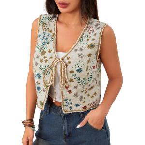 imageVerdusa Womens Tie Front Jacquard Vest Waistcoat Boho Sleeveless JacketBeige