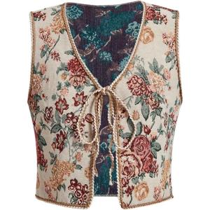 imageVerdusa Womens Tie Front Jacquard Vest Waistcoat Boho Sleeveless JacketBeige Flower