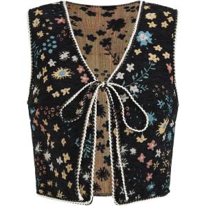 imageVerdusa Womens Tie Front Jacquard Vest Waistcoat Boho Sleeveless JacketBlack