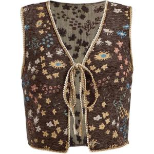 imageVerdusa Womens Tie Front Jacquard Vest Waistcoat Boho Sleeveless JacketBrown
