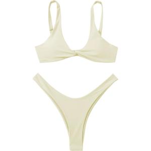 imageVerdusa Womens Twist Front High Cut Thong Two Piece Bikini Set SwimsuitBeige