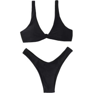 imageVerdusa Womens Twist Front High Cut Thong Two Piece Bikini Set SwimsuitBlack