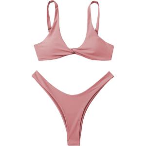 imageVerdusa Womens Twist Front High Cut Thong Two Piece Bikini Set SwimsuitDusty Pink
