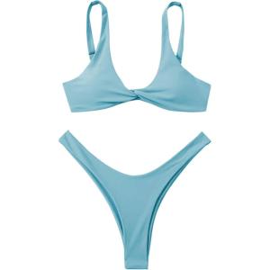 imageVerdusa Womens Twist Front High Cut Thong Two Piece Bikini Set SwimsuitLight Blue