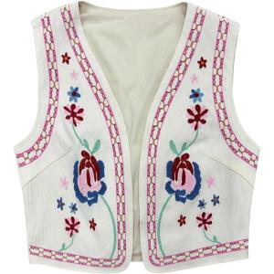 imageVerdusa Womens Vintage Embroidery Vest Top Open Front Sleeveless Cropped Cardigan Boho Cowgirl Vest JacketApricot