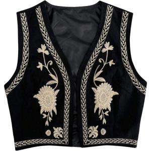 imageVerdusa Womens Vintage Embroidery Vest Top Open Front Sleeveless Cropped Cardigan Boho Cowgirl Vest JacketBlack