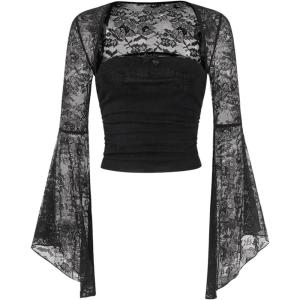 imageVerdusa Womens Y2K Bell Sleeve Square Neck Ruched Blouse Goth Lace TopsBlack