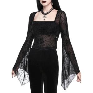 imageVerdusa Womens Y2K Bell Sleeve Square Neck Ruched Blouse Goth Lace TopsBlack1