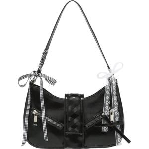 imageVerdusa Womens Y2K Coquette Bow Tie Vintage Shoulder Bags Lace PU Leather Kawaii Purse HandbagBlack