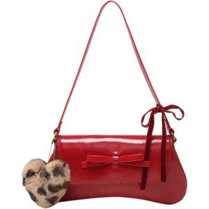 imageVerdusa Womens Y2K Coquette Bow Tie Vintage Shoulder Bags Lace PU Leather Kawaii Purse HandbagBow Red