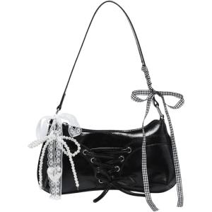 imageVerdusa Womens Y2K Coquette Bow Tie Vintage Shoulder Bags Lace PU Leather Kawaii Purse HandbagDark Black