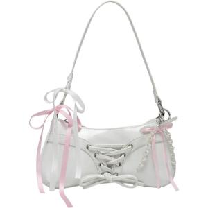 imageVerdusa Womens Y2K Coquette Bow Tie Vintage Shoulder Bags Lace PU Leather Kawaii Purse HandbagDark White