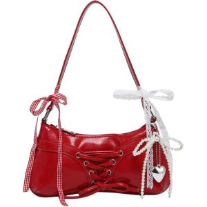 imageVerdusa Womens Y2K Coquette Bow Tie Vintage Shoulder Bags Lace PU Leather Kawaii Purse HandbagRed