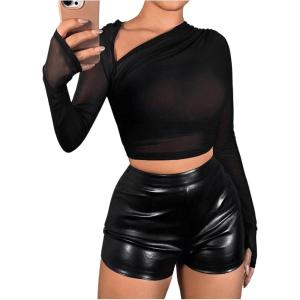 imageVerdusa Womens Y2k Mesh Long Sleeve Crop Tops Asymmetrical Neck Ruched Fitted T ShirtsBlack