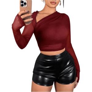 imageVerdusa Womens Y2k Mesh Long Sleeve Crop Tops Asymmetrical Neck Ruched Fitted T ShirtsBurgundy