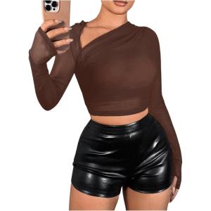 imageVerdusa Womens Y2k Mesh Long Sleeve Crop Tops Asymmetrical Neck Ruched Fitted T ShirtsChocolate Brown