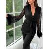 imageVerdusa Womens 2 Piece Feather Satin Pajama Set Floral Mesh Long Sleeve Belted Top and PantsBlack