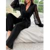 imageVerdusa Womens 2 Piece Feather Satin Pajama Set Floral Mesh Long Sleeve Belted Top and PantsBlack