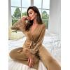 imageVerdusa Womens 2 Piece Feather Satin Pajama Set Floral Mesh Long Sleeve Belted Top and PantsBrown