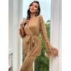 imageVerdusa Womens 2 Piece Feather Satin Pajama Set Floral Mesh Long Sleeve Belted Top and PantsBrown