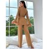 imageVerdusa Womens 2 Piece Feather Satin Pajama Set Floral Mesh Long Sleeve Belted Top and PantsBrown