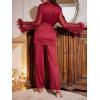 imageVerdusa Womens 2 Piece Feather Satin Pajama Set Floral Mesh Long Sleeve Belted Top and PantsBurgundy