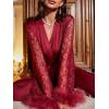 imageVerdusa Womens 2 Piece Feather Satin Pajama Set Floral Mesh Long Sleeve Belted Top and PantsBurgundy
