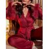 imageVerdusa Womens 2 Piece Feather Satin Pajama Set Floral Mesh Long Sleeve Belted Top and PantsBurgundy