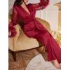 imageVerdusa Womens 2 Piece Feather Satin Pajama Set Floral Mesh Long Sleeve Belted Top and PantsBurgundy