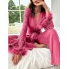 imageVerdusa Womens 2 Piece Feather Satin Pajama Set Floral Mesh Long Sleeve Belted Top and PantsHot Pink