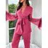 imageVerdusa Womens 2 Piece Feather Satin Pajama Set Floral Mesh Long Sleeve Belted Top and PantsHot Pink