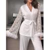 imageVerdusa Womens 2 Piece Feather Satin Pajama Set Floral Mesh Long Sleeve Belted Top and PantsWhite