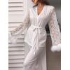 imageVerdusa Womens 2 Piece Feather Satin Pajama Set Floral Mesh Long Sleeve Belted Top and PantsWhite
