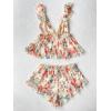 imageVerdusa Womens 2 Piece Floral Print Mesh Ruffled Peplum Cami Top and Shorts Pajama SetsBeige and Red