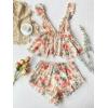 imageVerdusa Womens 2 Piece Floral Print Mesh Ruffled Peplum Cami Top and Shorts Pajama SetsBeige and Red