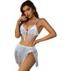 imageVerdusa Womens 2 Piece Fringe Trim Metallic Deep V Neck Bra and Panty Lingerie SetSilver