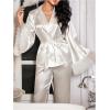 imageVerdusa Womens 2 Piece Lace Satin Pajama Set Ruffle Long Sleeve Belted Top and PantsWhite