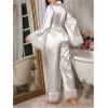imageVerdusa Womens 2 Piece Lace Satin Pajama Set Ruffle Long Sleeve Belted Top and PantsWhite