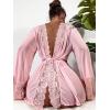 imageVerdusa Womens 2 Piece Lace Trim Long Sleeve Belted Robe and Thong Pajama Sets