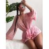 imageVerdusa Womens 2 Piece Lace Trim Long Sleeve Belted Robe and Thong Pajama Sets