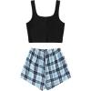 imageVerdusa Womens 2 Piece Outfits Crop Tank Top and Plaid Shorts Cute Loungewear Pajama SetBlack Blue