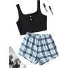 imageVerdusa Womens 2 Piece Outfits Crop Tank Top and Plaid Shorts Cute Loungewear Pajama SetBlack Blue