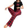 imageVerdusa Womens 2 Piece Pajama Set Letter Print Short Sleeve Tee Top and Plaid Pants Loungewear Pj SetBlack Red