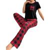 imageVerdusa Womens 2 Piece Pajama Set Letter Print Short Sleeve Tee Top and Plaid Pants Loungewear Pj SetBlack Red