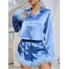 imageVerdusa Womens 2 Piece Satin Fuzzy Pajama Sets Button Up Long Sleeve Shirt with ShortsBlue