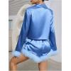 imageVerdusa Womens 2 Piece Satin Fuzzy Pajama Sets Button Up Long Sleeve Shirt with ShortsBlue