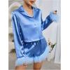 imageVerdusa Womens 2 Piece Satin Fuzzy Pajama Sets Button Up Long Sleeve Shirt with ShortsBlue